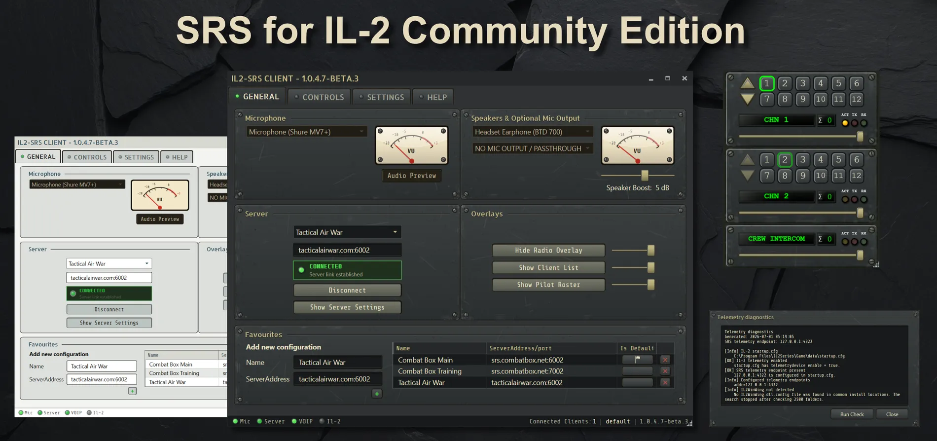 SRS for IL-2 Community Edition client, radio overlay, light theme, and telemetry diagnostics
